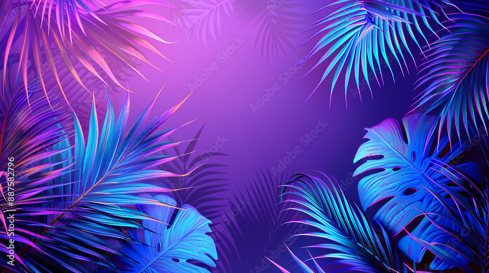 A striking design features modern neon glowing lights with vibrant blue tropical palm leaves set against a rich violet background. A striking design features modern neon glowing lights with vibrant blue tropical palm leaves set against a rich violet background.