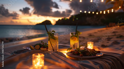 A starlit dinner on a secluded beach sets the perfect romantic ambiance, with soft waves lapping at the shore