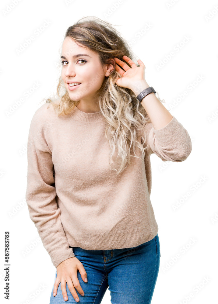 Beautiful young blonde woman wearing sweatershirt over isolated background smiling with hand over ear listening an hearing to rumor or gossip. Deafness concept. Beautiful young blonde woman wearing sweatershirt over isolated background smiling with hand over ear listening an hearing to rumor or gossip. Deafness concept.