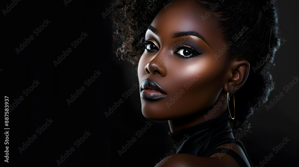African American woman in black clothes portrait on black background. Beautiful African chic stylish lady close-up.. African American woman in black clothes portrait on black background. Beautiful African chic stylish lady close-up..