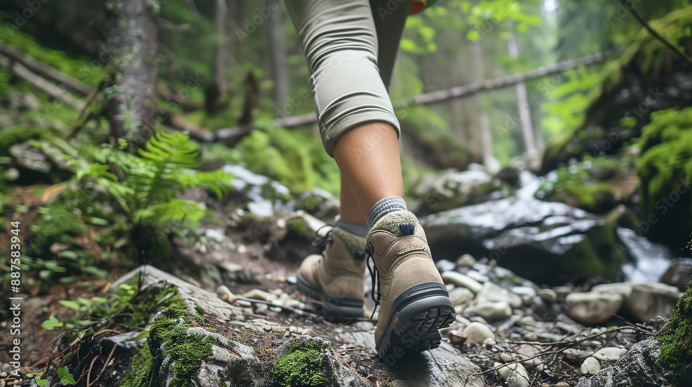 A woman hiking in a forest and mountainous area, wearing sturdy trekking boots. The scene captures the essence of adventure and nature exploration A woman hiking in a forest and mountainous area, wearing sturdy trekking boots. The scene captures the essence of adventure and nature exploration