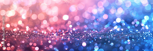 An abstract pink and blue bokeh light background creates a dreamy, sparkling effect. The shimmering glitter texture adds a festive touch, making it perfect for celebrations or holidays