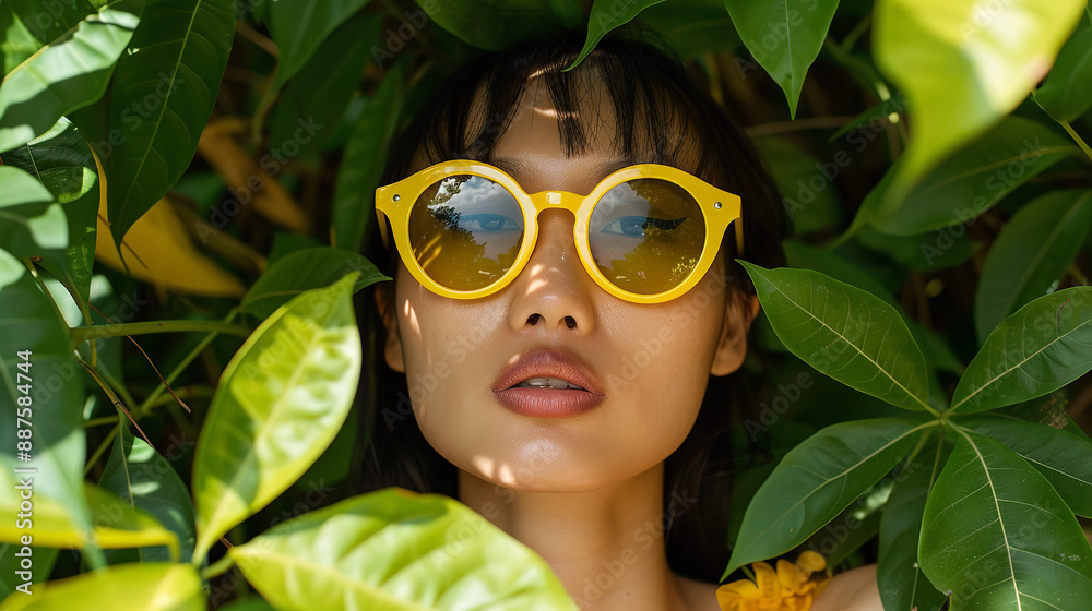 An Asian woman embodies serenity and confidence while wearing retro yellow fashion sunglasses. Surrounded by lush green leaves, she radiates a relaxed vibe, perfectly blending style with nature An Asian woman embodies serenity and confidence while wearing retro yellow fashion sunglasses. Surrounded by lush green leaves, she radiates a relaxed vibe, perfectly blending style with nature