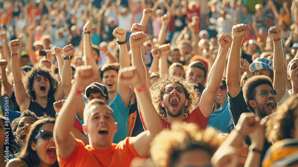 Excited sports fans cheer passionately in a bustling stadium, their energy electrifying the atmosphere during a daytime match