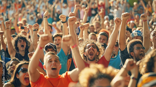 Obraz na płótnie Excited sports fans cheer passionately in a bustling stadium, their energy electrifying the atmosphere during a daytime match w salonie