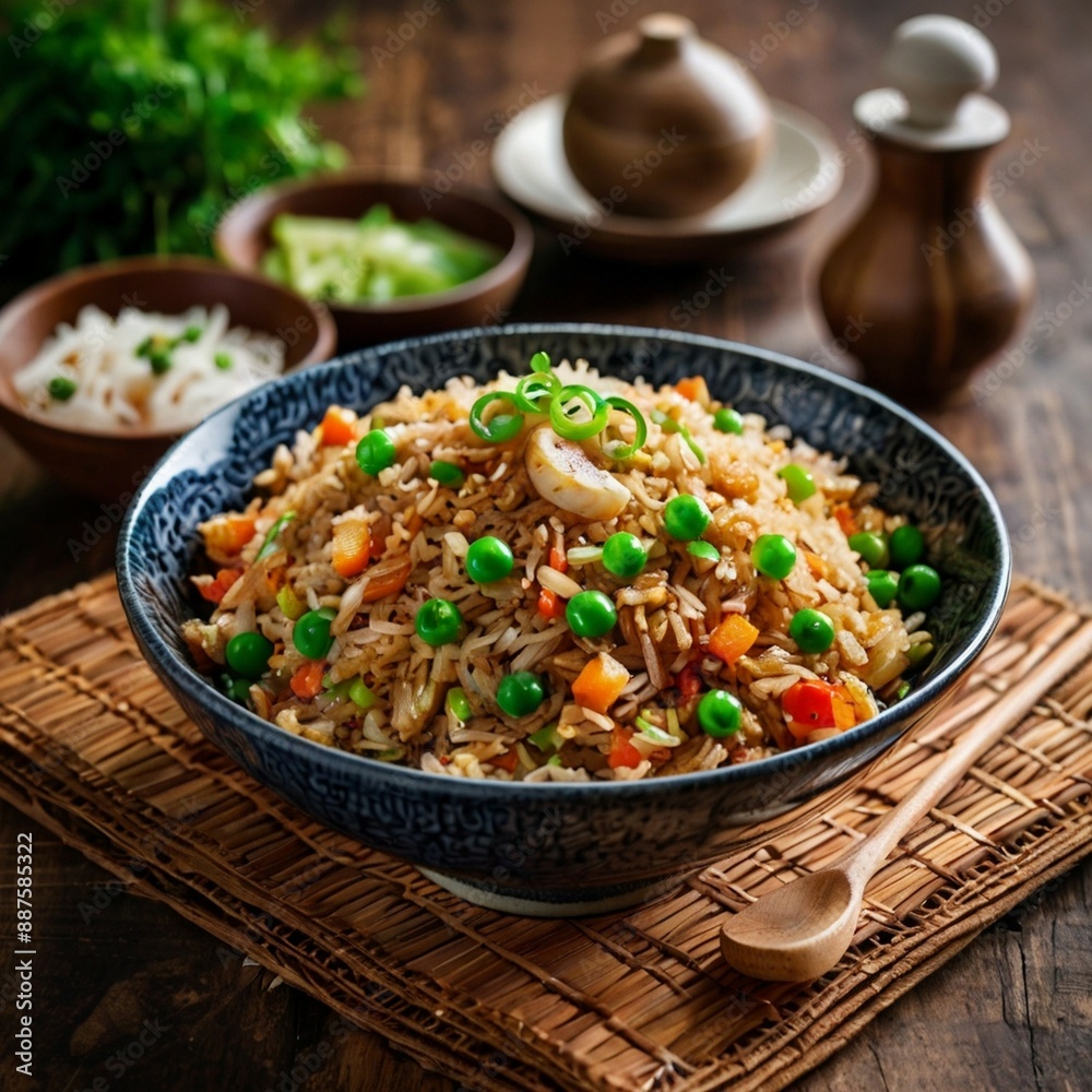 Delicious fried rice on a plate, salad and sauces Delicious fried rice on a plate, salad and sauces