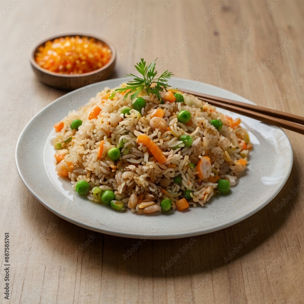 Delicious fried rice on a plate, salad and sauces Delicious fried rice on a plate, salad and sauces