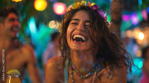 The infectious energy of a party girl radiates as she revels in the summer vibes, her laughter echoing amidst a sea of music and celebration