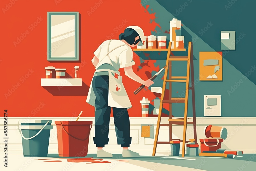 A dynamic scene of a person painting a wall in their home, with paint cans, rollers, and a ladder, showcasing the process of transforming a living space A dynamic scene of a person painting a wall in their home, with paint cans, rollers, and a ladder, showcasing the process of transforming a living space