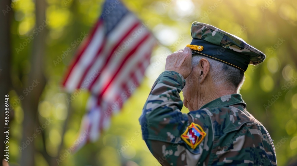 Veterans saluting flag during Memorial Day parade with blurred ...