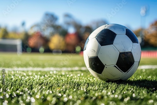 Soccer ball on green field with white lines