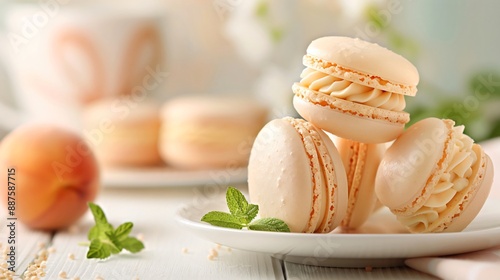 Delicious peach macarons resting on white plate with garnish