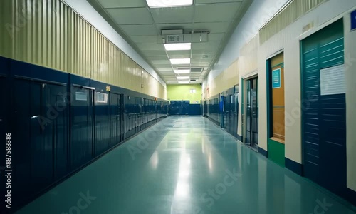 Empty Lit Hallway in School - Elementary, Middle, High School