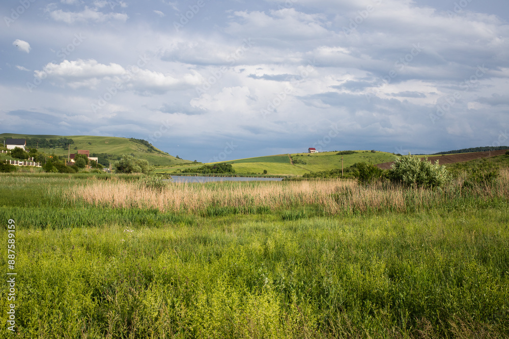 summer landscape with green meadow and blue sky summer landscape with green meadow and blue sky