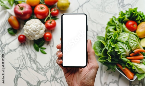 mockup hand holding a smartphone with transparent background with fruits and vegetables on a table in the background