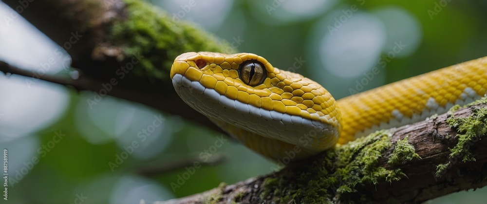 Close-up of a yellow viper coiled on a branch, Indonesia. Close-up of a yellow viper coiled on a branch, Indonesia.