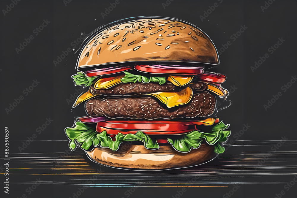 Illustration appetizing cheeseburger featuring fresh lettuce, tomatoes, onions, and melted cheese on a sesame seed bun drawn on a black board with crayons.
