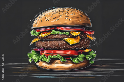 Obraz na płótnie Illustration appetizing cheeseburger featuring fresh lettuce, tomatoes, onions, and melted cheese on a sesame seed bun drawn on a black board with crayons. w salonie