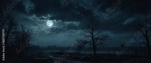 Epic spooky night scene with a full moon shining on a misty stormy sky Horror concept art.