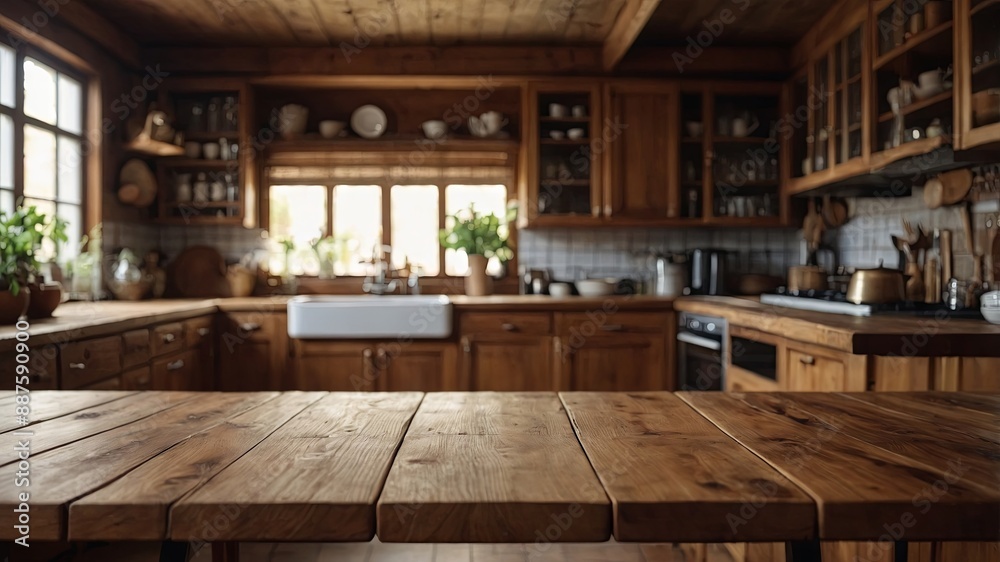 Empty wooden table and blurred kitchen background. Empty wooden table and blurred kitchen background.