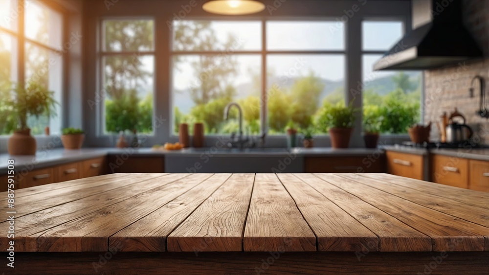 Empty wood table top on blur kitchen window background panoramic banner for display or montage products or foods. Empty wood table top on blur kitchen window background panoramic banner for display or montage products or foods.