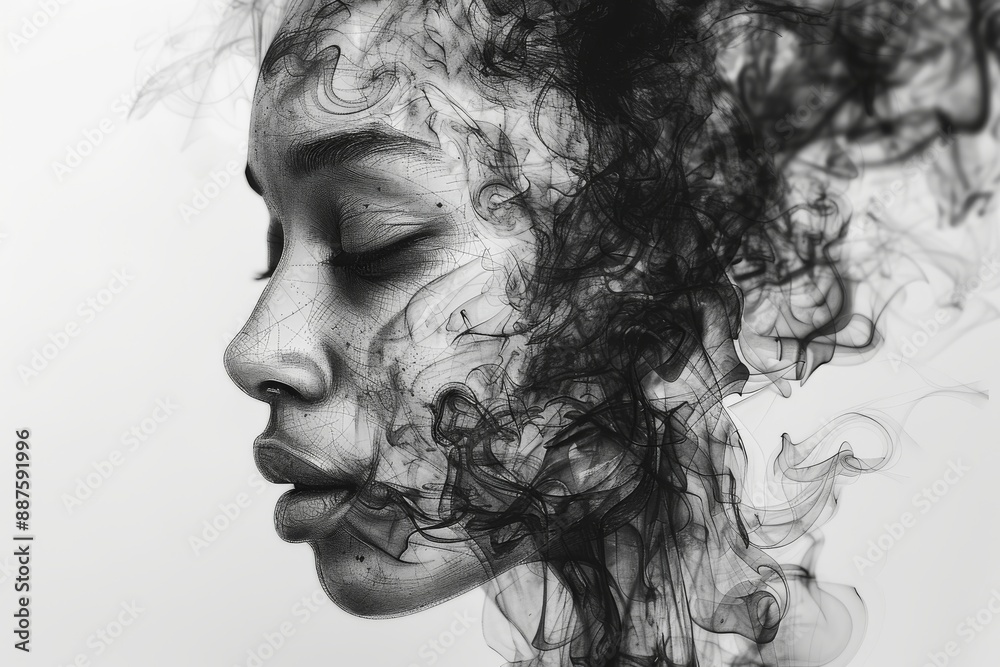 Abstract monochrome portrait of woman with flowing shapes dynamic and artistic digital illustration
