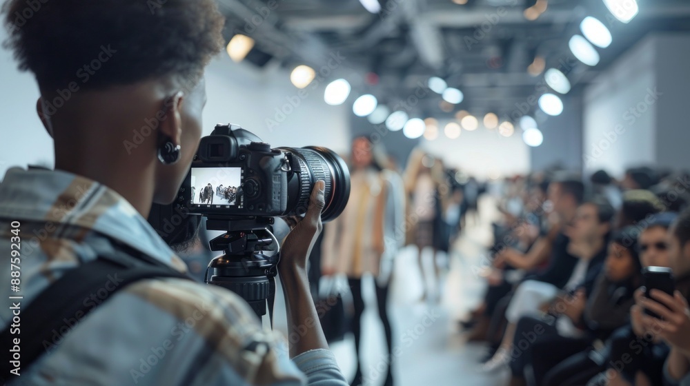 A man is taking pictures of a runway show A man is taking pictures of a runway show