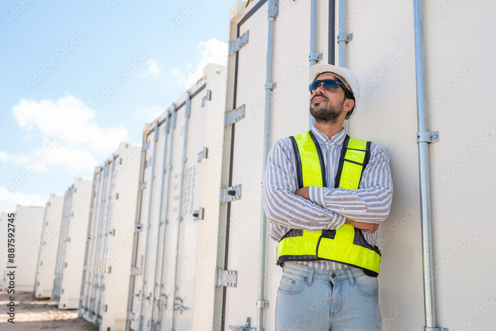 Container yard worker checking container at container yard warehouse. Container yard worker checking container at container yard warehouse.