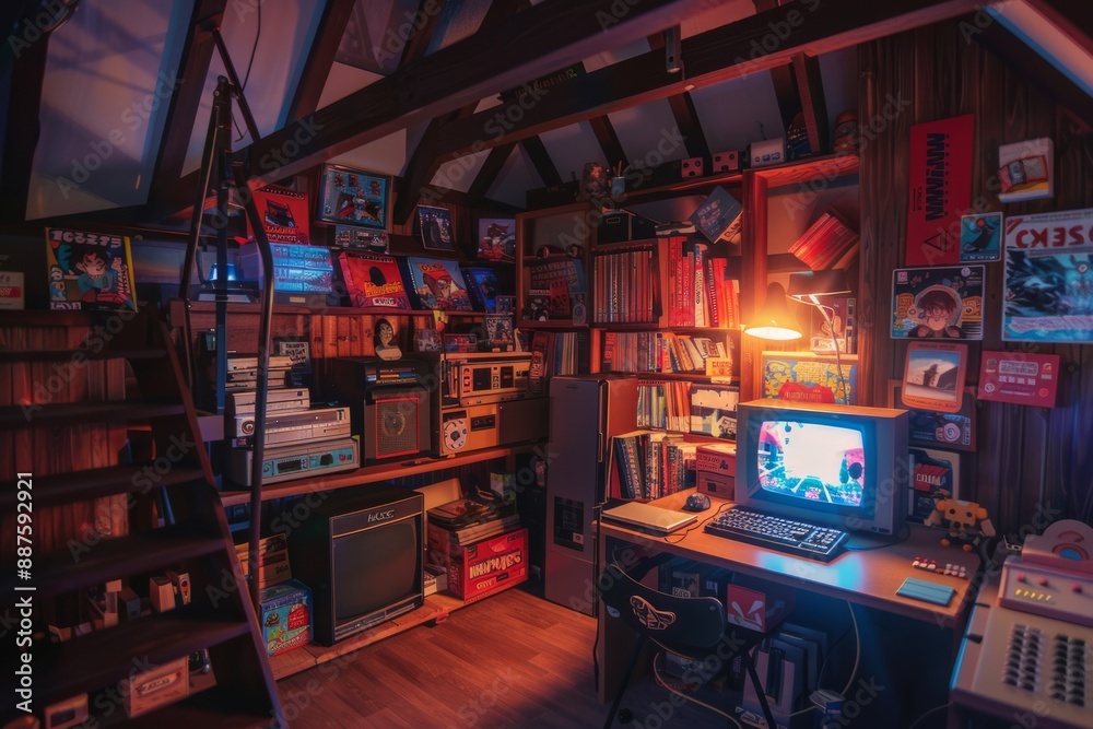 A cozy attic studio transformed into a gaming sanctuary with retro consoles and memorabilia. A person selects a game. Cozy vibe, Generative AI A cozy attic studio transformed into a gaming sanctuary with retro consoles and memorabilia. A person selects a game. Cozy vibe, Generative AI