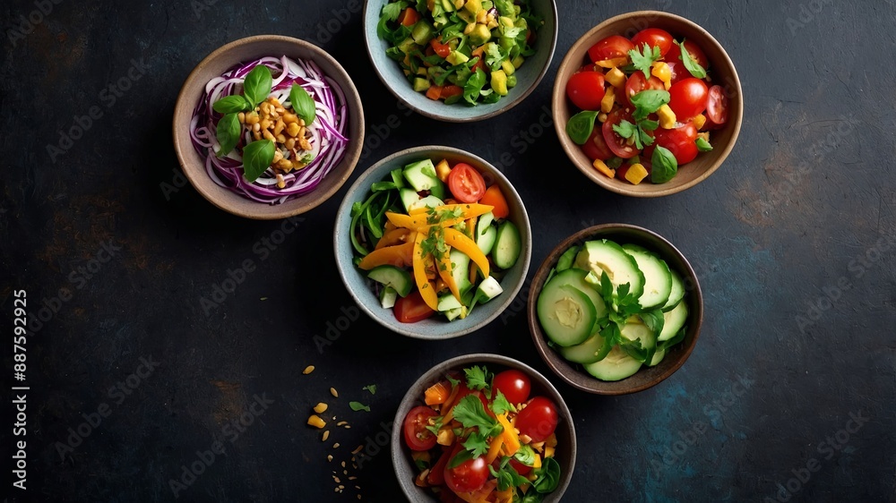 Delicious various vegetarian salads in bowls on dark rustic background, top view, border Healthy eating, Vegetarian or vegan food concept.