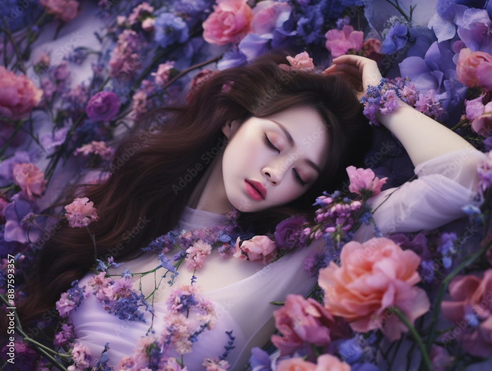a woman lying in flowers a woman lying in flowers