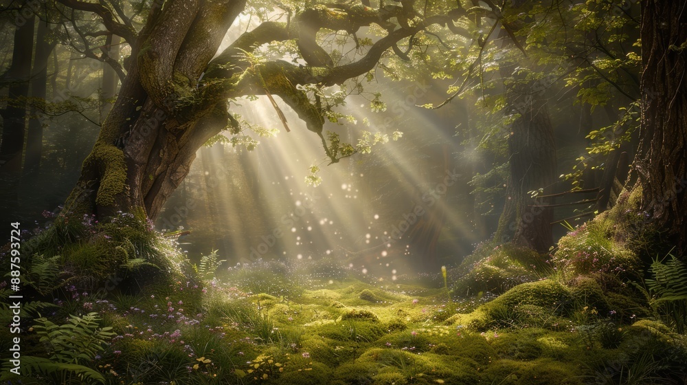 Fototapeta premium A magical forest with ancient, towering trees, a carpet of moss and flowers, and shafts of sunlight breaking through the canopy