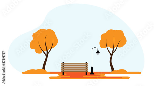 Park Area with Autumn Trees and Bench. Seasonal landscape illustration concept vector