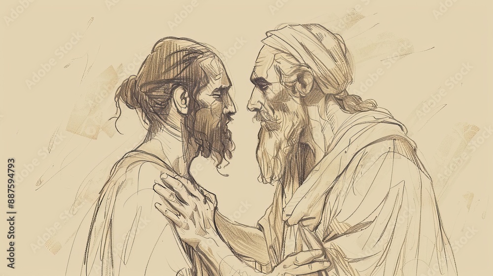 Fototapeta premium Genesis 32: Jacob's Preparation, Wrestling at Peniel, Renamed Israel - Biblical Illustration with Beige Background and Copyspace for Religious Content