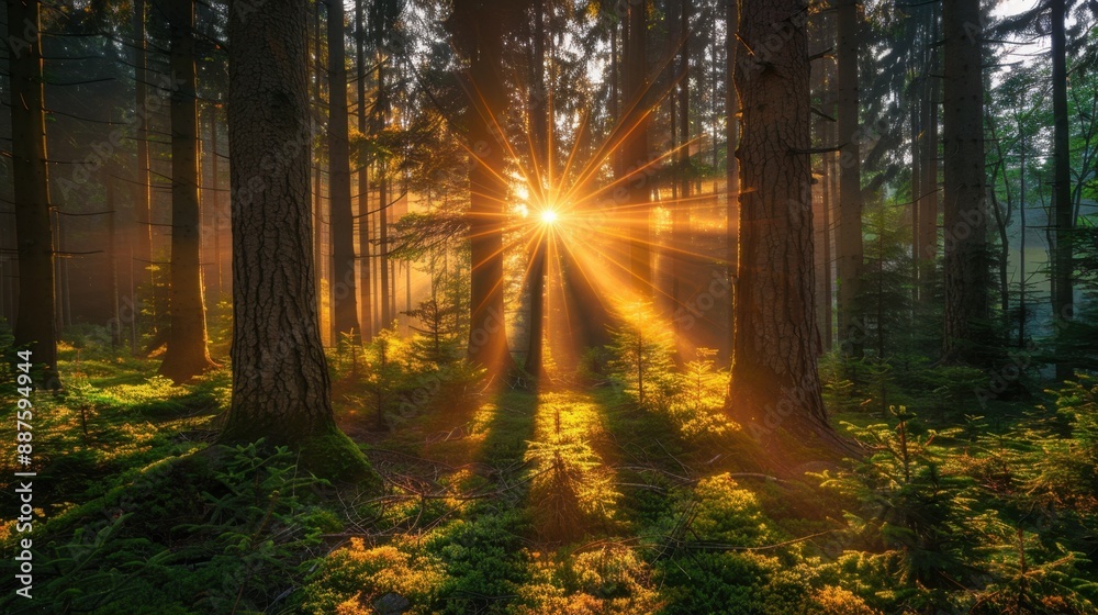 Fototapeta premium Forest Sunset: The sun dips behind a dense forest, casting radiant rays through the trees, painting the forest floor with a warm, dappled glow in the tranquil twilight. 