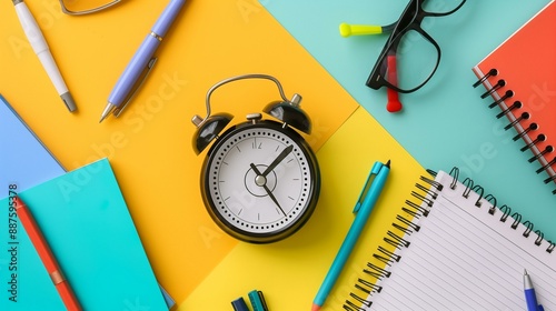 Educational Time Concept with Alarm Clock, Notebook, and Pens for 2024