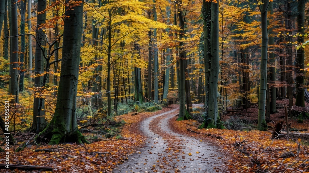 Fototapeta premium A narrow path winding through a dense forest with trees in vibrant autumn colors, leaves falling gently to the ground