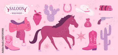 Cowgirl vector set. Wild West concept. Flat hand drawn illustration with hat, horse, sheriff badge, and boots