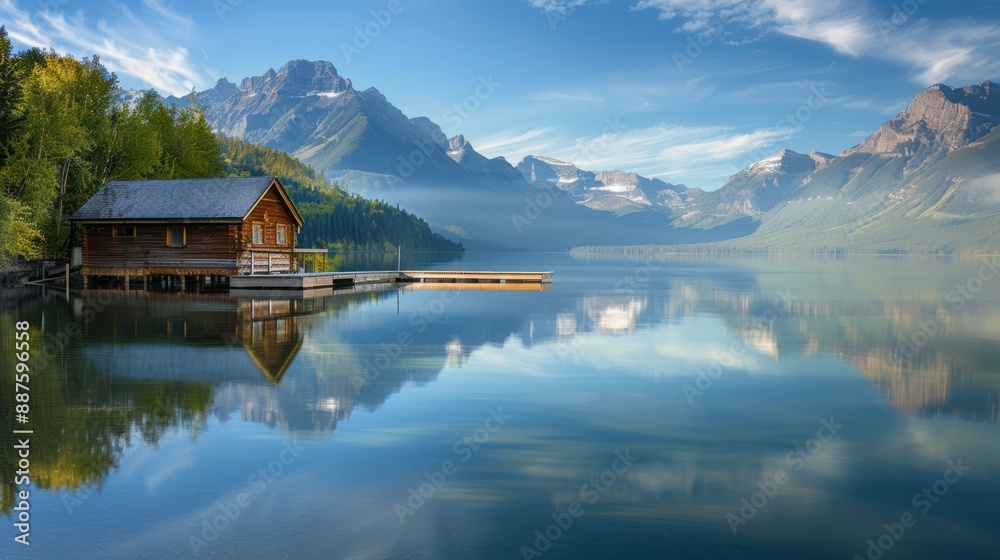 Fototapeta premium A peaceful lakeside scene with a small wooden cabin, a dock extending into the calm water, and mountains reflected in the lake