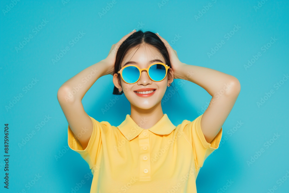 A joyful young woman in sunglasses and a yellow polo shirt against a blue backdrop. A joyful young woman in sunglasses and a yellow polo shirt against a blue backdrop.