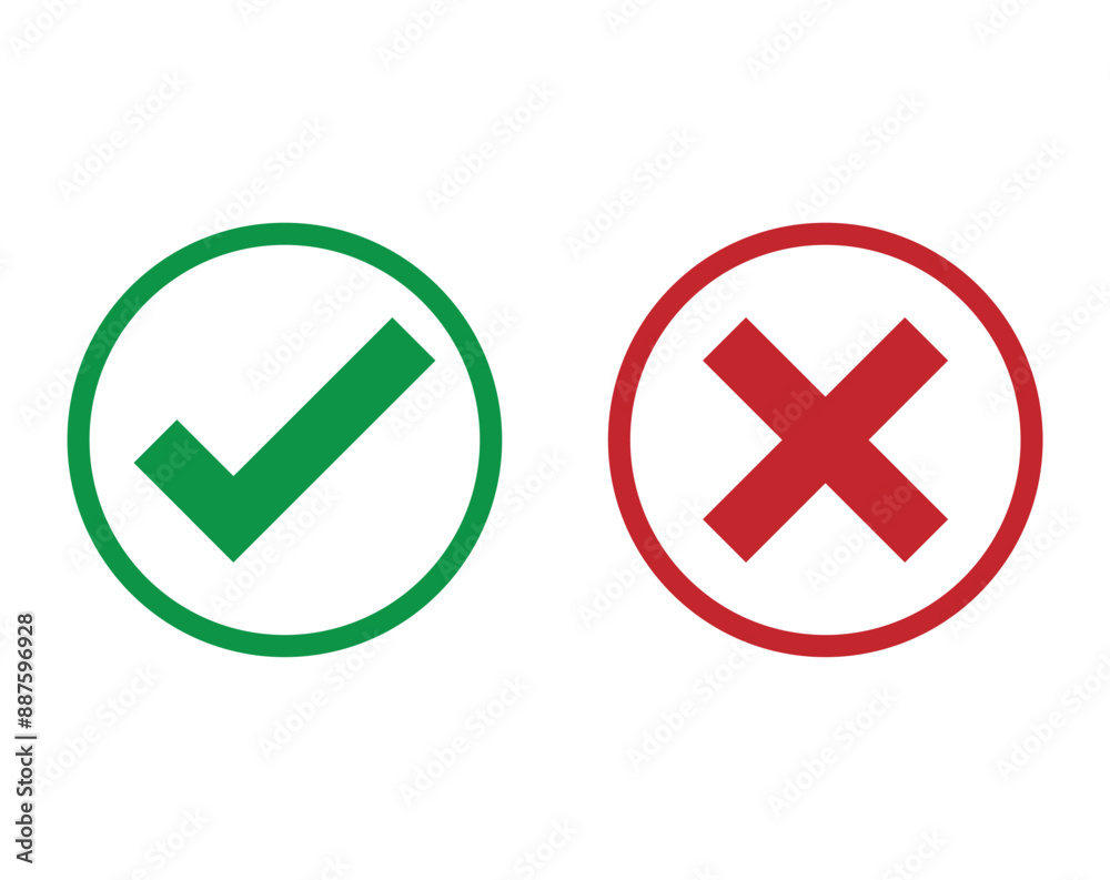 flat green check mark and flat red cross isolated vector, yes or no concept. flat green check mark and flat red cross isolated vector, yes or no concept.