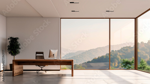 Modern office interior with wooden desk, ergonomic chair, and large floor-to-ceiling windows overlooking scenic mountains. Minimalist design with natural light. Professional workspace with computer