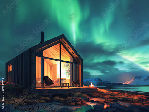 a cabin with a fire in front of the water