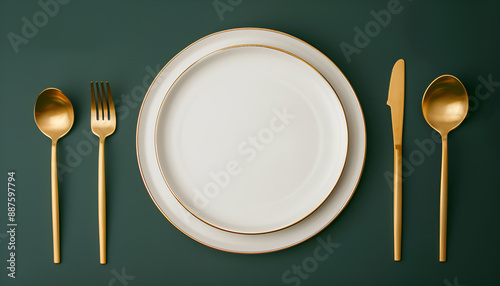 Crockery and golden cutlery on a dark green background, table top view, above. Flat lay design. Ceramic empty plates, utensils for serving. Trendy tableware set for serving, beige luxury dishes