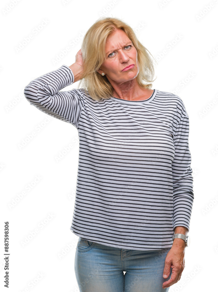Fototapeta premium Middle age blonde woman over isolated background confuse and wonder about question. Uncertain with doubt, thinking with hand on head. Pensive concept.