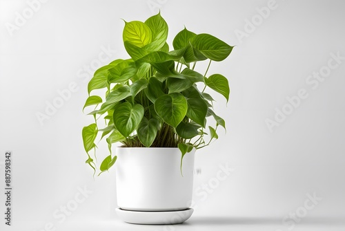 Golden pothos moss pole plant in pot white background, AI Generated © Toseef