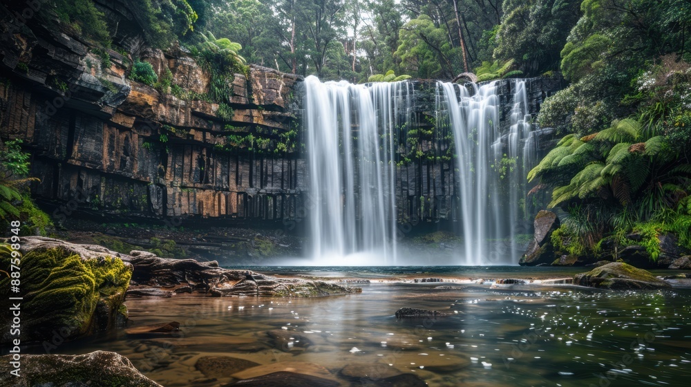 Fototapeta premium A powerful waterfall cascading down cliffs into a crystal-clear pool, surrounded by lush greenery 