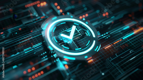 Digital Check Mark Icon on Futuristic Tech Background: Productivity and rating evolution. CGI 3D render featuring a checkmark icon and digital chart in the context of technological progress and in