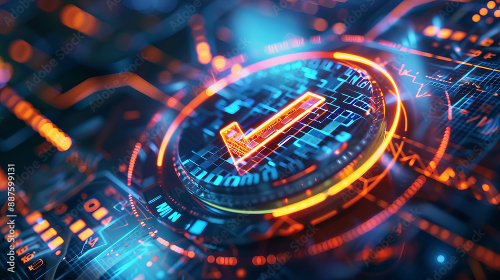 Digital Check Mark Icon on Futuristic Tech Background: Productivity and rating evolution. CGI 3D render featuring a checkmark icon and digital chart in the context of technological progress and in Digital Check Mark Icon on Futuristic Tech Background: Productivity and rating evolution. CGI 3D render featuring a checkmark icon and digital chart in the context of technological progress and in