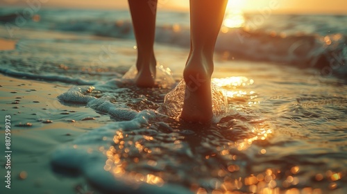 Serene Shorelines: Artistic Shot of a Woman's Feet on a Beach in High Resolution Detail photo